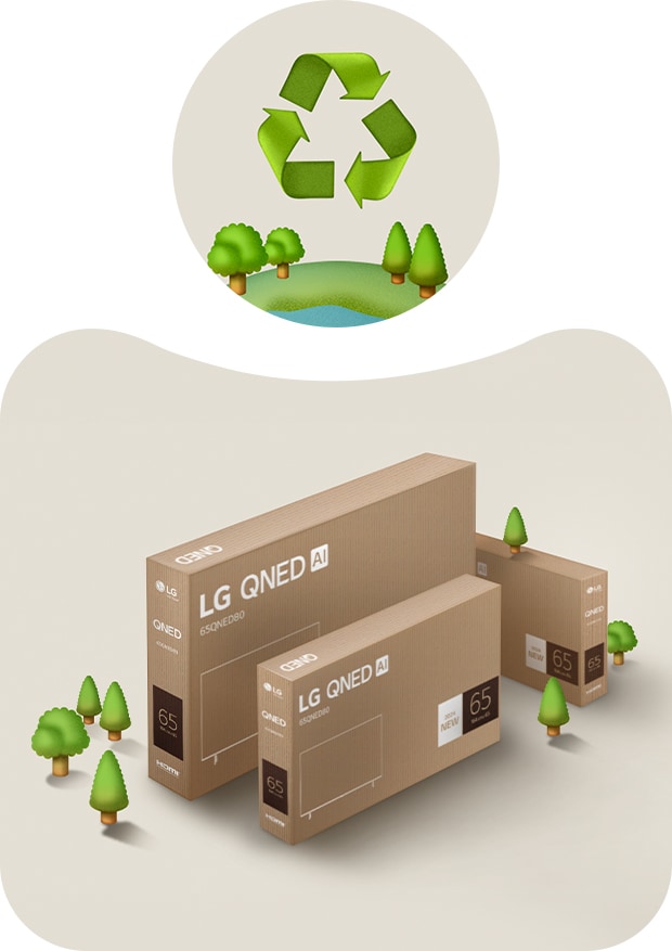 LG QNED-förpackning mot en beige bakgrund med illustrerade träd.
