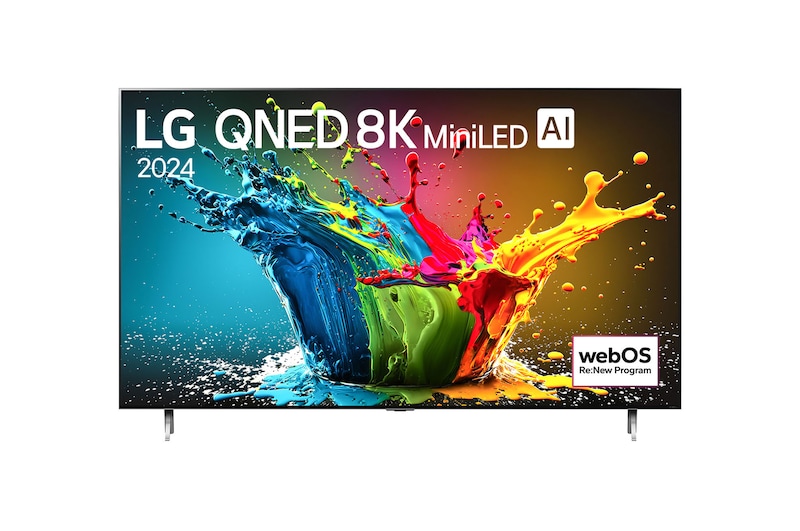 Front view of LG QNED TV, QNED99 with text of LG QNED 8K MiniLED, 2024, and webOS Re:New Program logo on screen