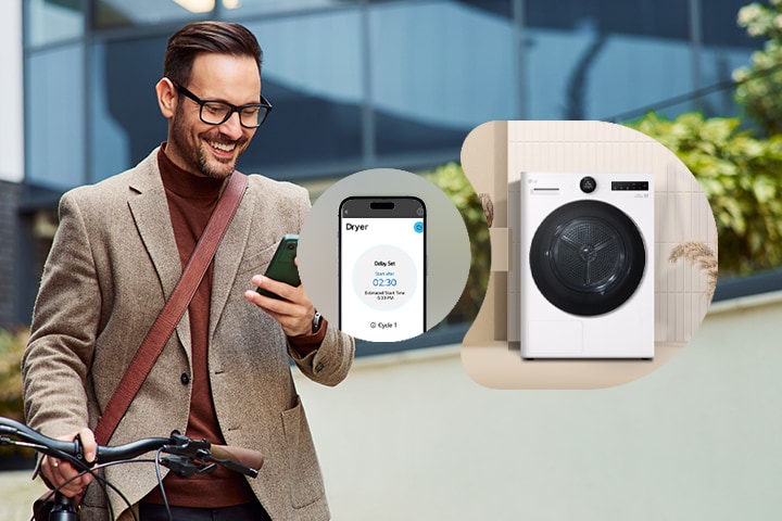 En man som fjärrstyrer LG-torken via en ThinQ-app.