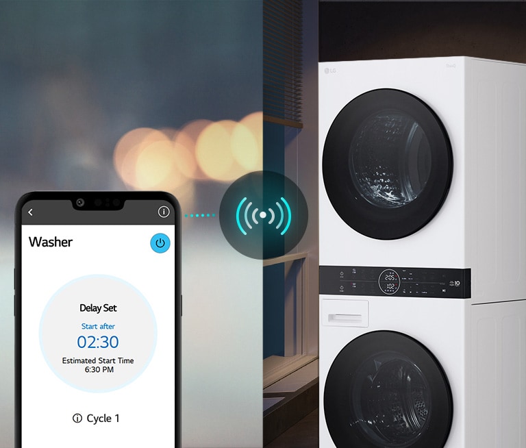 An image on the left shows a man looking down at his phone. The image on the right shows the washer at home with a green light on the display. At the center of the two images in a picture of the screen of the phone which shows the washer on the LG ThinQ app and a connectivity icon.