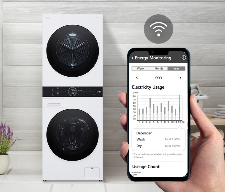 A washer sits in a laundry room. A hand holding a phone shows the screen to the camera and the screen displays the maintenance information and energy usage with a WiFi symbol above the screen.