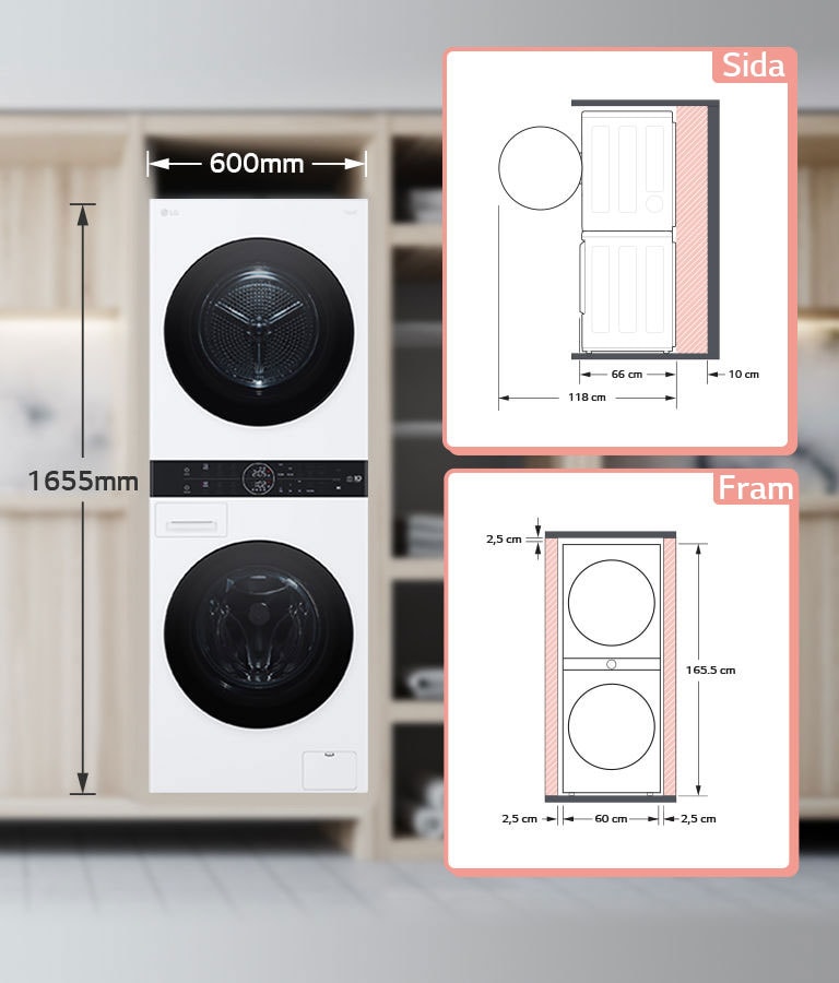 It explains how much space is needed when installing the wash tower. We need 10cm for the back and 2.5cm for the left and right.
