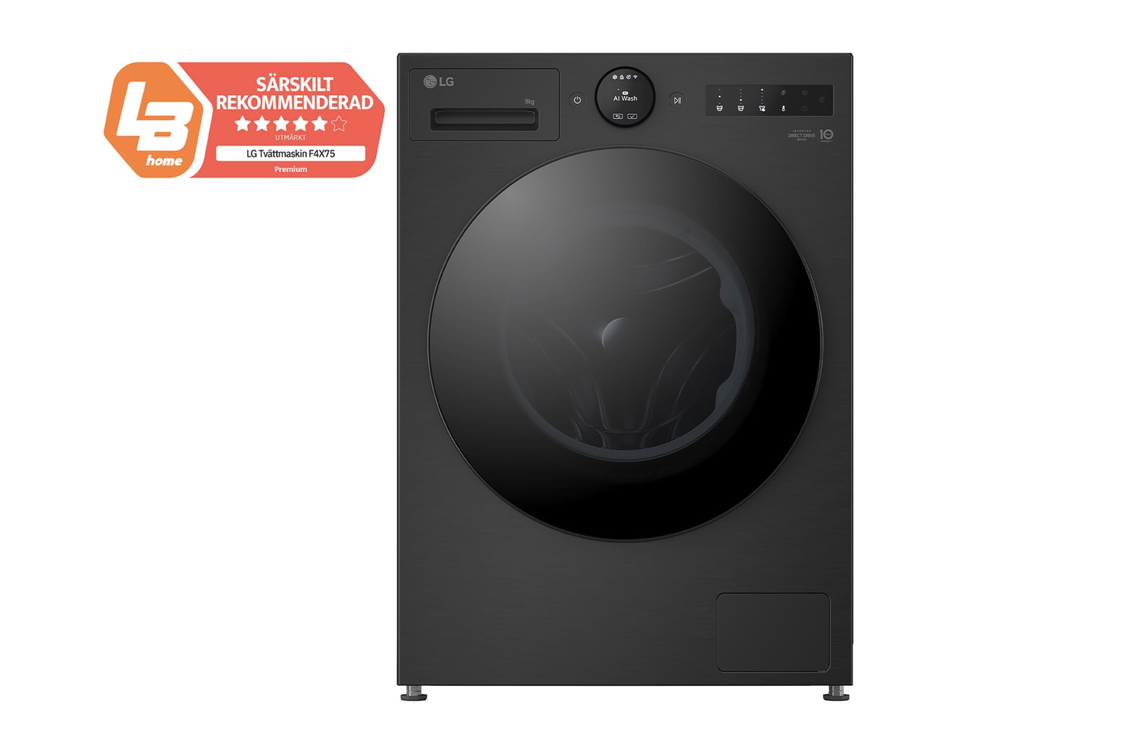 Vy framifrån av 9 kg Tvättmaskin(Svart) - Energiklass A, LCD-vred, Auto Dose, TurboWash360™, AI DD™, Smart Diagnosis™ med Wi-Fi, F4X7509TBB