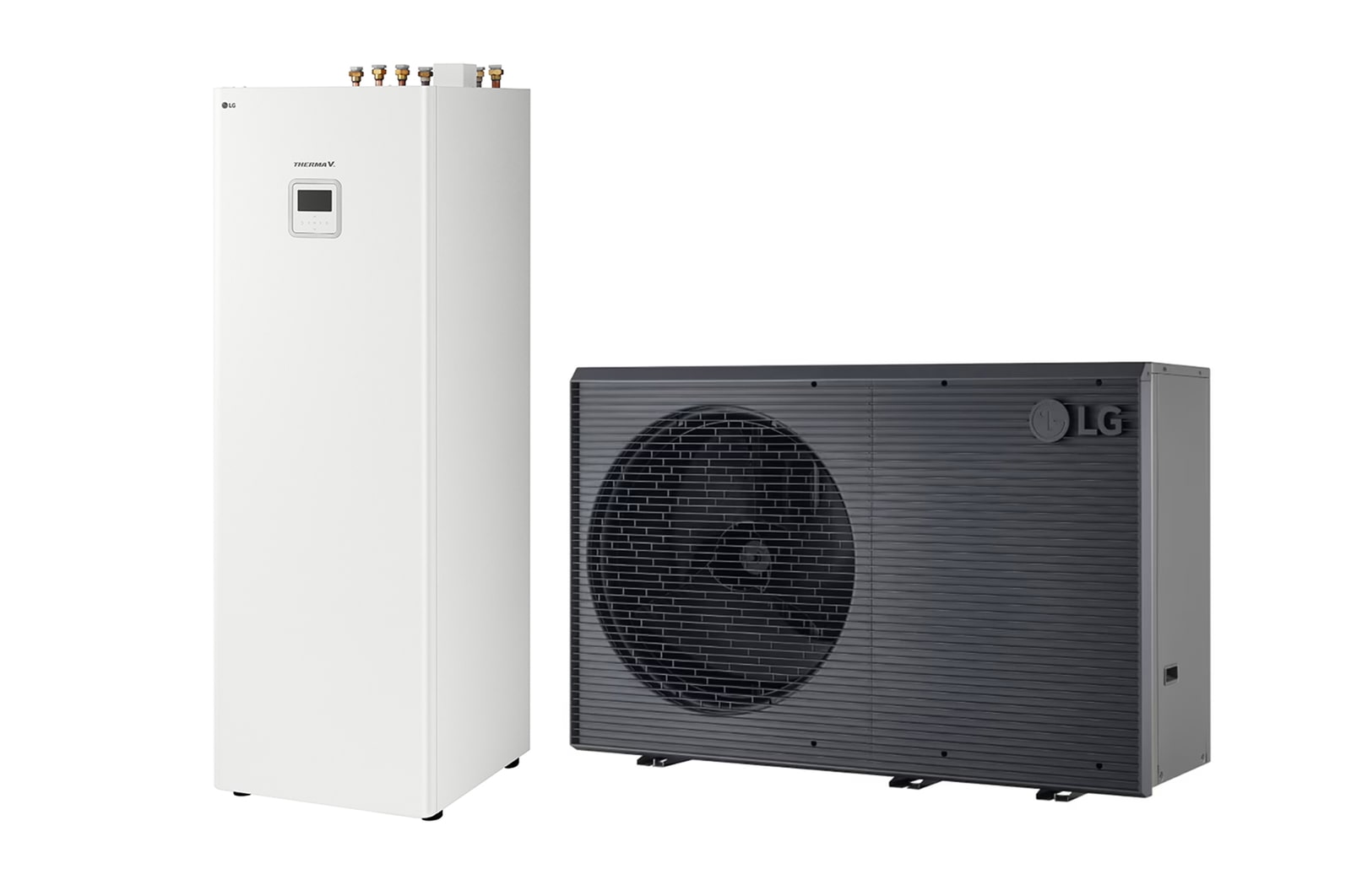 LG luft-vattenvärmepump THERMA V, en svart utomhusenhet med en grå grill.