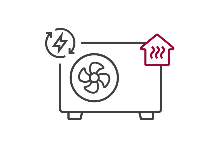 Den grå ikonen med ett märke som visar kraft och prestanda i det övre vänstra hörnet och ett märke som representerar ett skönt hem i det högra hörnet.	