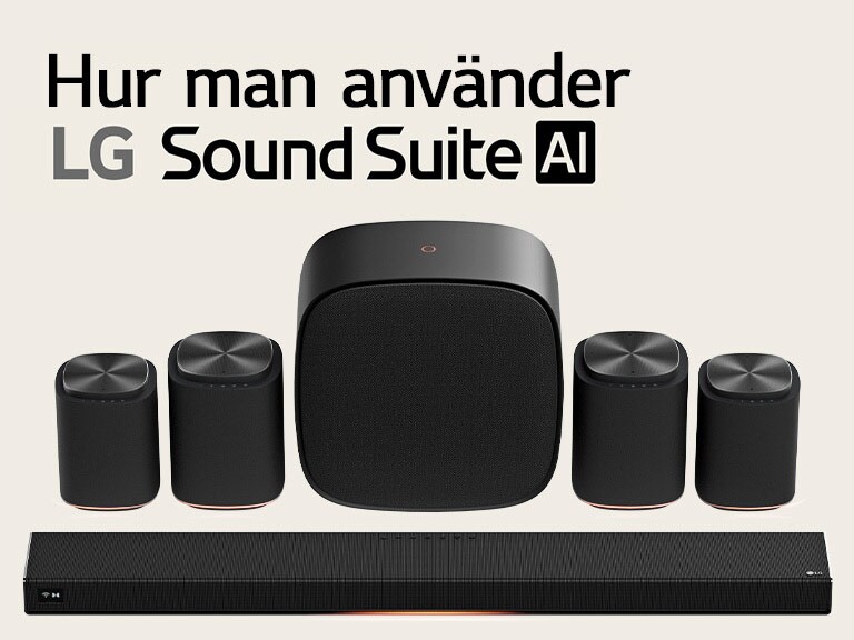 LG Sound Suite högtalarset för hemmabio med en H7-soundbar, ett par M7-högtalare, ett par M5-högtalare och en W7-bashögtalare.