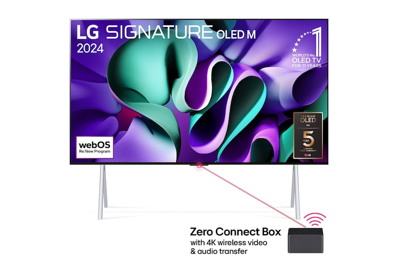 Vy framifrån av LG OLED TV, OLED M4 SIGNATURE på ett stativ, emblemet för 11 år som världsledande OLED, logotypen för webOS Re:New Program och en Zero Connect Box med 4K trådlös video- och ljudöverföring ansluten till en TV och en Wi-Fi-signal kommer ut ur lådan