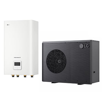 Vy framifrån av 9kW R290 Monobloc luft/vatten-värmepump med Hydrobox, 3Ø HM093HF UB40 + HN1639HC NK0