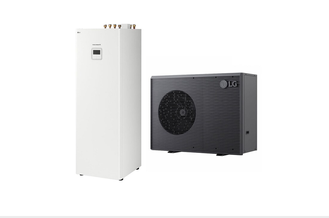 LG luft-vattenvärmepump THERMA V, en svart utomhusenhet med en grå grill.