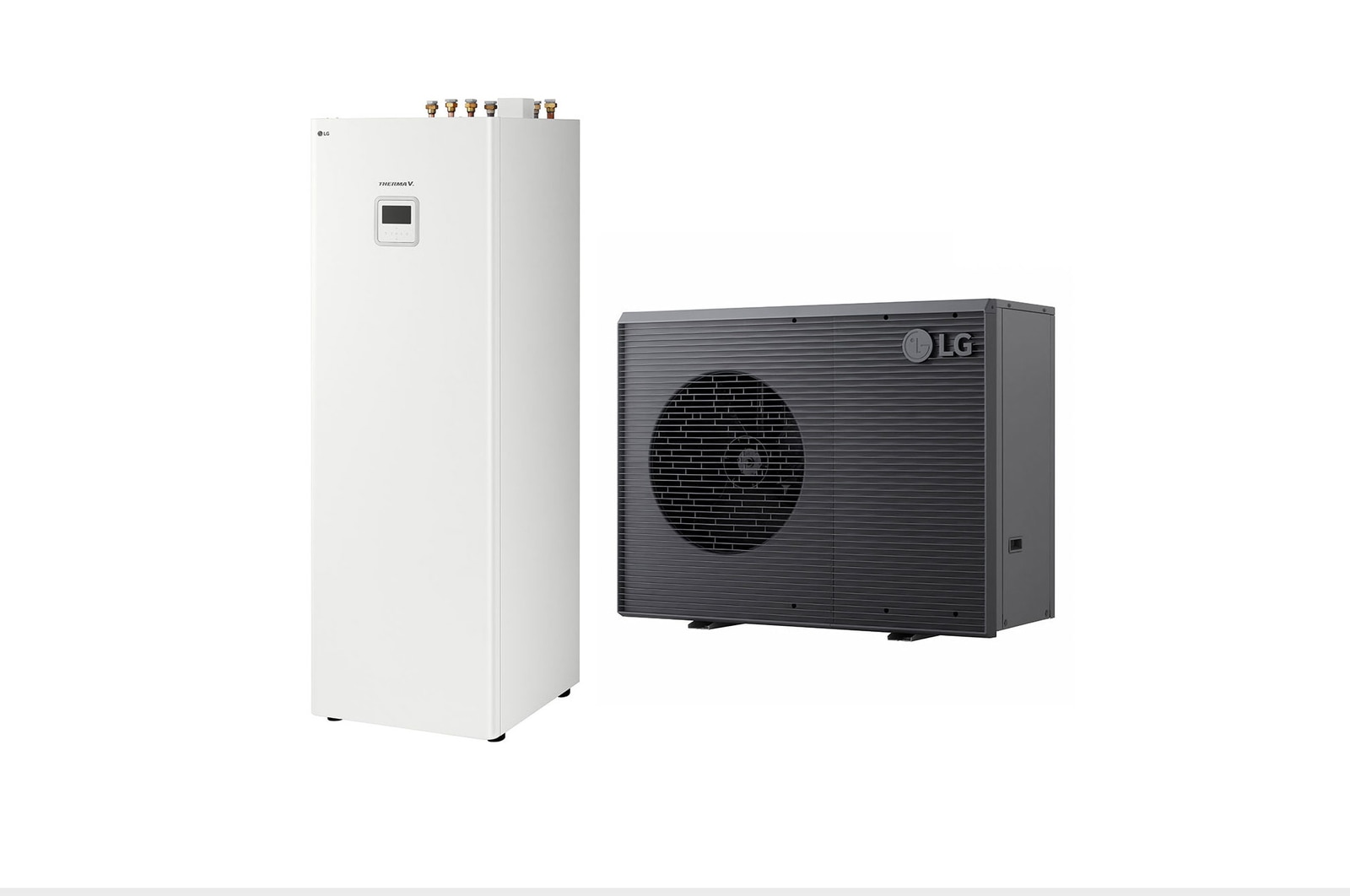 LG luft-vattenvärmepump THERMA V, en svart utomhusenhet med en grå grill.