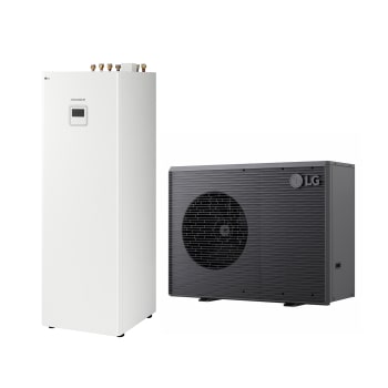 LG luft-vattenvärmepump THERMA V, en svart utomhusenhet med en grå grill.