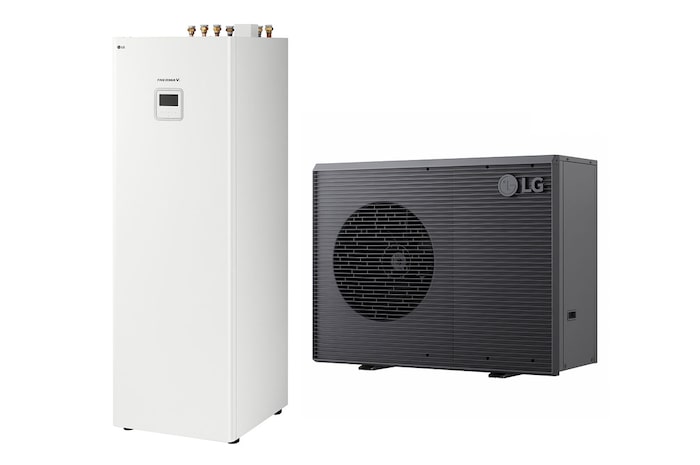 LG luft-vattenvärmepump THERMA V, en svart utomhusenhet med en grå grill.