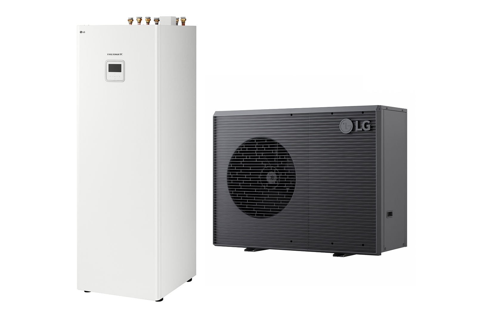 LG luft-vattenvärmepump THERMA V, en svart utomhusenhet med en grå grill.