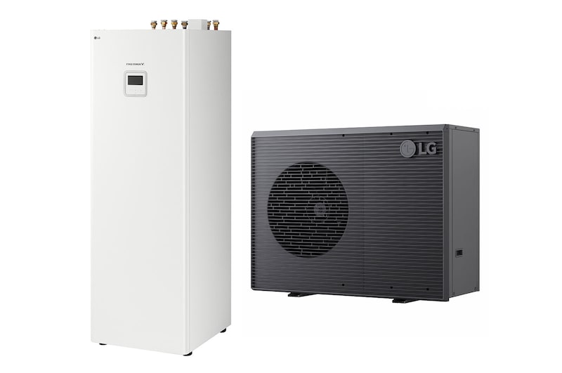 LG luft-vattenvärmepump THERMA V, en svart utomhusenhet med en grå grill.