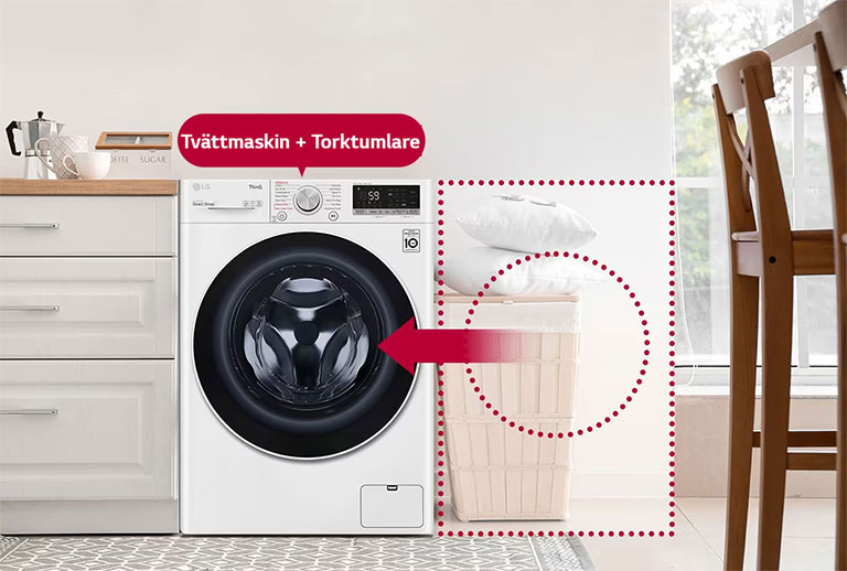 Det här är en bild på en kombinerad tvätt/tork som sparar plats i huset och även tvätttid.