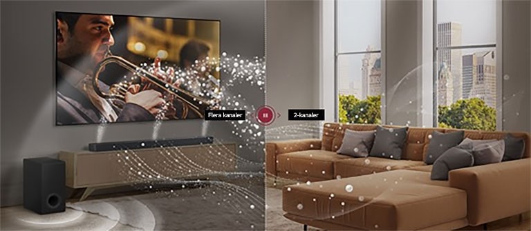 En LG Soundbar, LG TV och en subwoofer visas i en modern stadslägenhet. LG Soundbar avger tre grenar av ljudvågor, gjorda av vita droppar som flyter längs botten av golvet. Fler vita droppljudvågor skjuts från toppen av soundbaren. Bredvid Soundbar syns en subwoofer, som skapar en ljudeffekt från botten. Som helhet skapar de en kupoleffekt över hela rummet.
