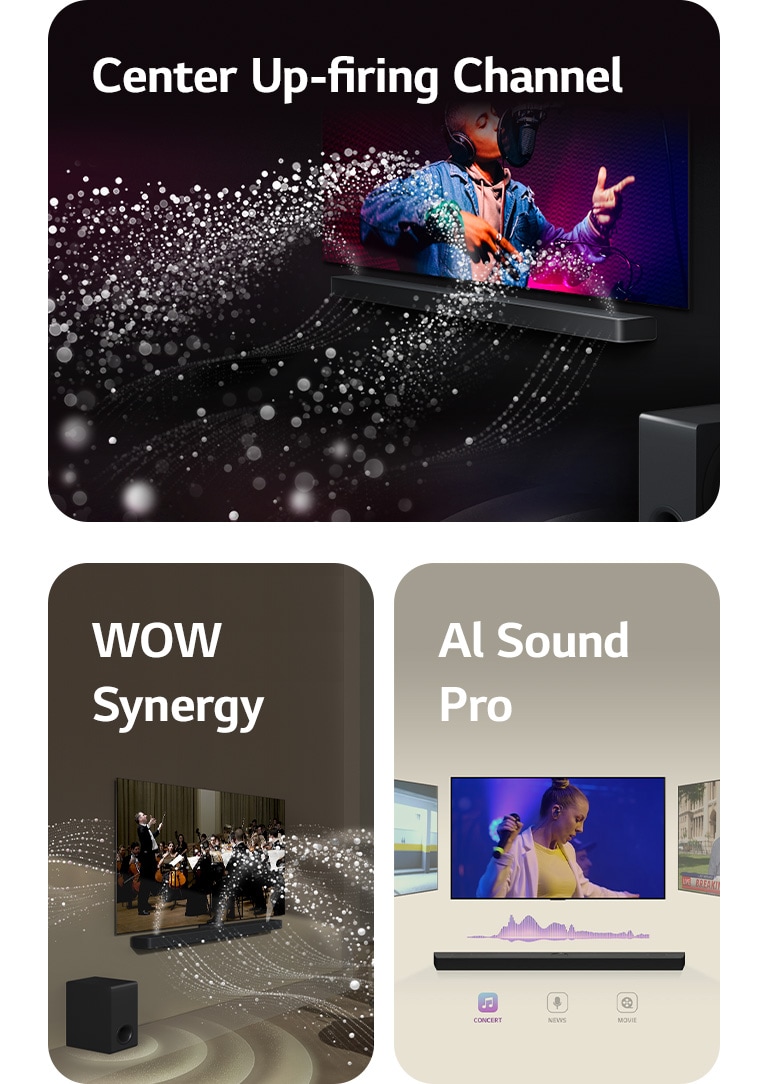 Bilden visar en LG TV och LG Soundbar som spelar en musikföreställning i ett svart rum. Vita droppar som representerar ljudvågor skjuter uppåt och framåt från Soundbaren medan subwoofern skapar en ljudeffekt från botten.  Bilden visar en LG TV och LG Soundbar som spelar en orkesterföreställning i ett vardagsrum. Vita vågor av droppar som representerar ljudvågor skjuter uppåt och framåt från Soundbaren och projicerar från TV:n, medan subwoofern skapar en ljudeffekt från botten.  LG Soundbar med tre olika TV-skärmar ovan. En visar en film, en visar en konsert och den tredje visar en nyhetssändning. Under Soundbaren visas tre ikoner som indikerar vardera genre.