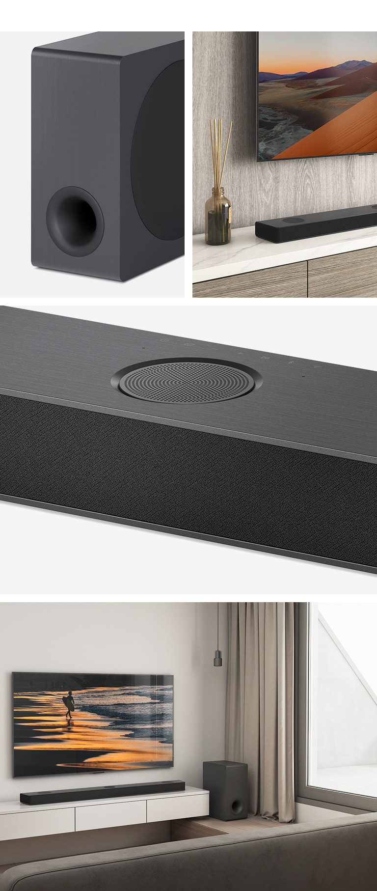 Collage. Från vänster, en bild av subwoofern, närbild på LG TV som visar ett berg på skärmen och LG Soundbar undertill. På höger sida, medurs uppifrån och ned, närbild av den uppåtriktade centerkanalen. LG Soundbar, subwoofer, och LG TV som visar en strand vid solnedgången, står i vardagsrummet.