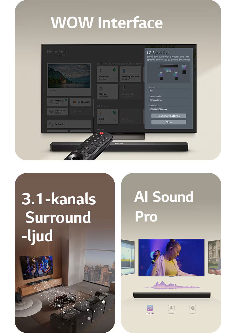LG Remote pekar mot en LG TV med LG Soundbar under. LG TV visar WOW Interface-menyn på skärmen.  LG Soundbar, LG TV, bakre högtalare och subwoofer i ett vardagsrum visar en musikalisk föreställning i ett vardagsrum på skärmen. Tre grenar av vita ljudvågor som består av droppar projiceras från Soundbaren och en subwoofer skapar en ljudeffekt från botten.  LG Soundbar med tre olika TV-skärmar ovan. En visar en film, en visar en konsert och den tredje visar en nyhetssändning. Under Soundbaren visas tre ikoner som indikerar vardera genre.