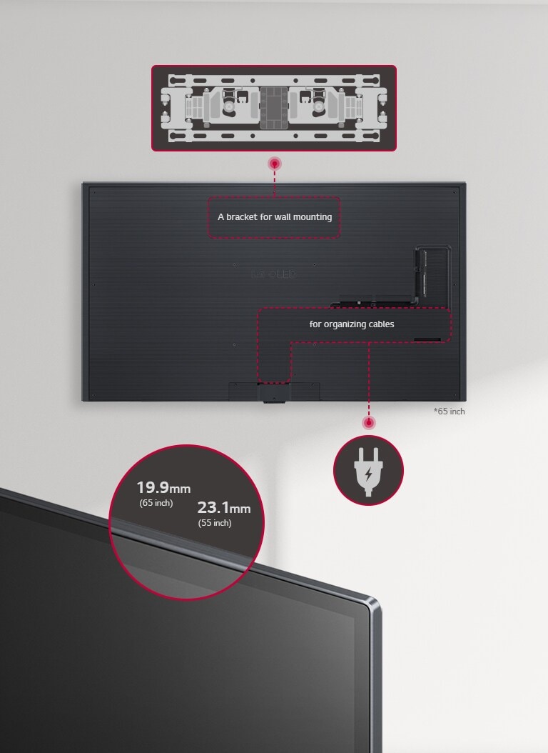 Konstverk som smyckar dina väggar. En väggmonterad konsol, för förvaring av kablar, * 65 tum, 19.9 mm (65 tum), 23.1 mm (55 tum)