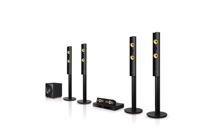 Vy framifrån av 5.1-KANALS HEMMABIOSYSTEM MED TRÅDLÖSA BAKRE HÖGTALARE. KRAFTIGA KEVLARFÖRSTÄRKTA HÖGTALARE PÅ 1200 W. EXTRA SMART BLU-RAY MED INTERNETSURF, WI-FI, DLNA, PRIVATE SOUND, 4K-UPPSKALNING OCH 3D-STÖD. 5 SEKUNDERS STARTTID. BH7540TW