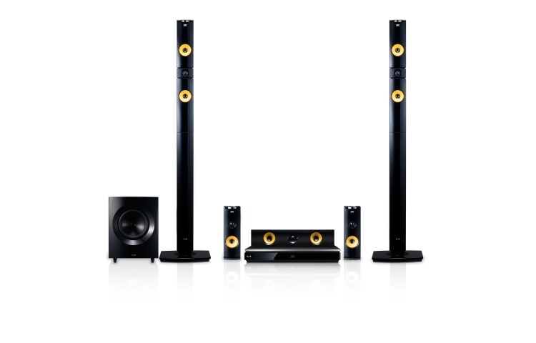Vy framifrån av 9.1-kanals hemmabiosystem med trådlösa bakre högtalare. Kraftiga kevlarförstärkta högtalare på 1460 W. Extra SMART Blu-ray med internetsurf, Wi-Fi, DLNA, Private Sound, 4K-uppskalning och 3D-stöd. 5 sekunders starttid. Tallboyhögtalare fram. BH9430PWN