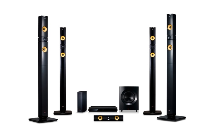 Vy framifrån av  9.1-kanals hemmabiosystem med trådlösa bakre högtalare. Kraftiga kevlarförstärkta högtalare på 1460 W. Extra SMART Blu-ray med internetsurf, Wi-Fi, DLNA, Private Sound, 4K-uppskalning och 3D-stöd. 5 sekunders starttid. Tallboyhögtalare fram och bak. BH9530TWN