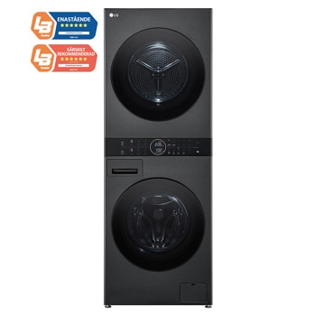 Vy framifrån av 12 kg / 10 kg WashTower(Svart) - Energiklass A/C, Steam, TurboWash™360, AI DD™, Dual Inverter Heatpump™ WT1210BBF