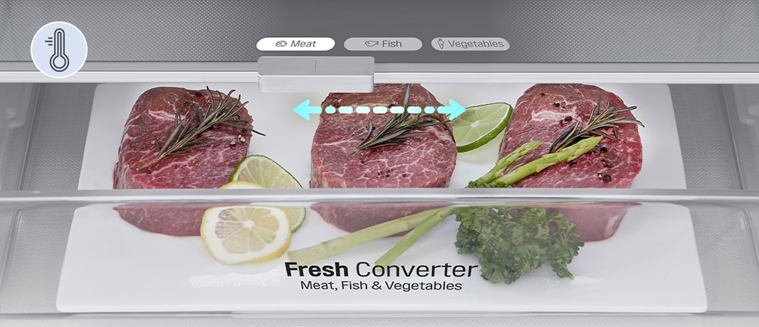 Närbild av FRESHConverter™, inställd på rätt temperatur för kött av  alternativen för kött, fisk och grönsaker.