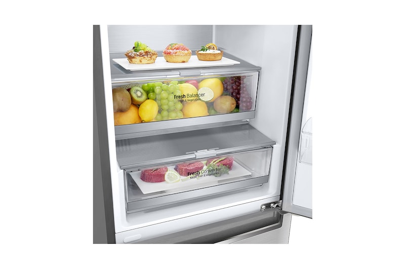 LG 2.03M 384L Kombinerad kyl/frys(Noble Steel) - Energiklass D, Door Cooling™ och Smart Diagnosis™ med Wi-Fi, GBB92STAXP