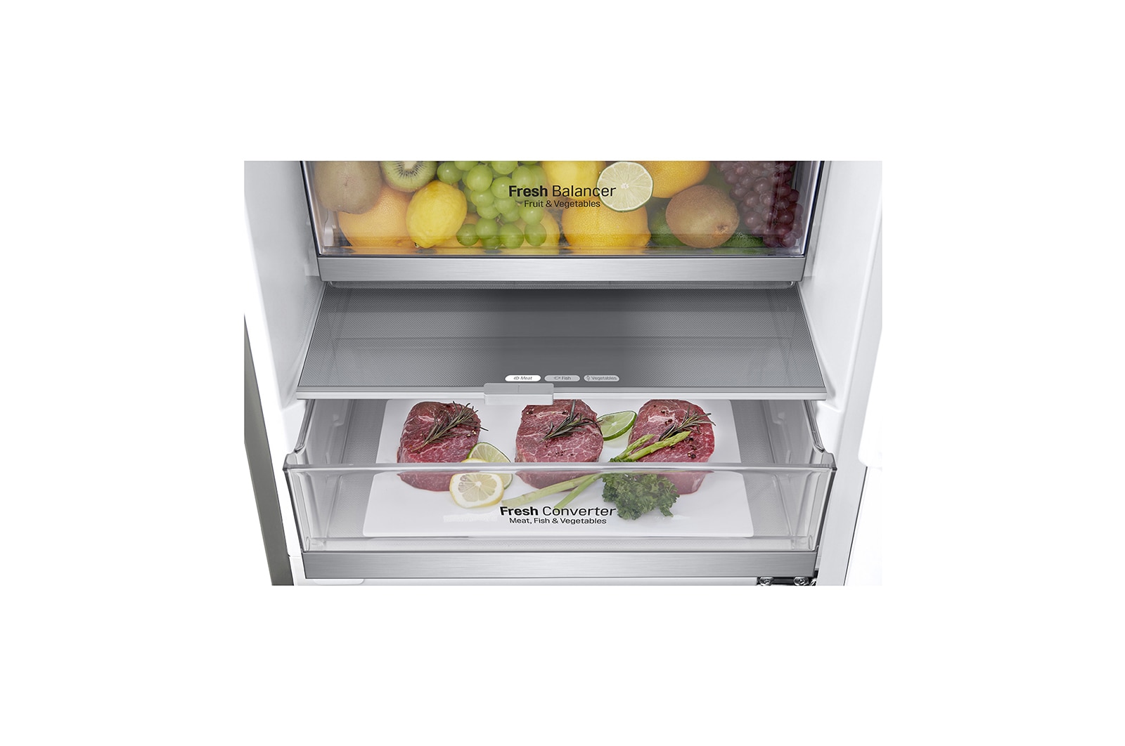 LG 2.03M 384L Kombinerad kyl/frys(Noble Steel) - Energiklass D, Door Cooling™ och Smart Diagnosis™ med Wi-Fi, GBB92STAXP