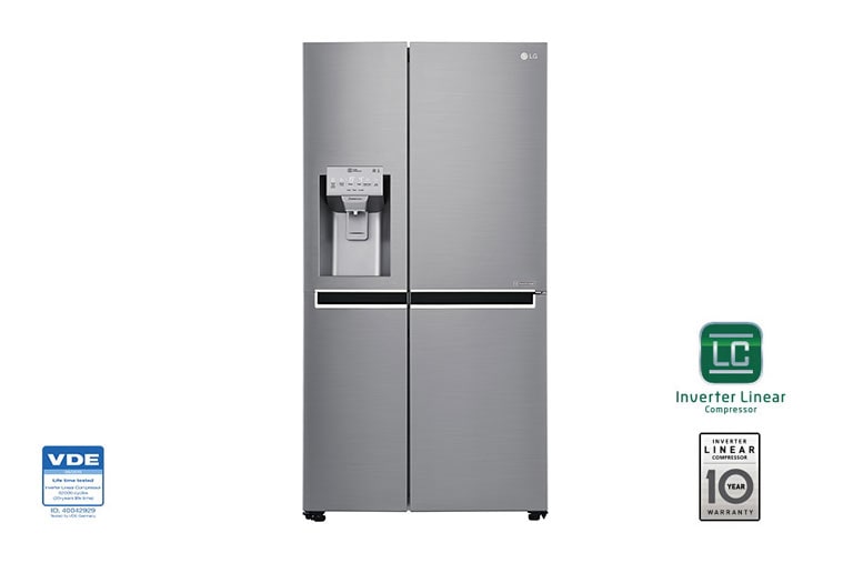 Vy framifrån av 625L Side by Side (Shiny Steel) - Energiklass F, Vatten/is utan röranslutning, Smart Diagnosis™ med Wi-Fi GSL961PZUZ