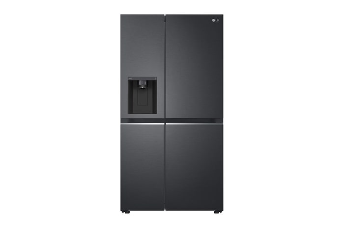 Vy framifrån av 635L Side by Side (Matte Black Stainless Steel), Is- & vattendispenser, Energiklass F, Vatten/is via röranslutning, Smart Diagnosis™ med Wi-Fi, GSLV70MCTM