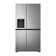 Vy framifrån av 635L Side by Side (Shiny Steel), Is- &amp; vattendispenser, Energiklass E, Vatten/is via röranslutning, Smart Diagnosis™ med Wi-Fi GSLV70PZLE
