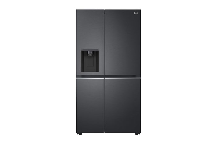 Vy framifrån av 635L Side by Side (Matte Black Stainless Steel), Is- & vattendispenser, Energiklass D, Vatten/is utan röranslutning, Smart Diagnosis™ med Wi-Fi, GSLV71MCTD