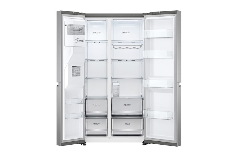 LG 635L Side by Side (Shiny Steel), Is- & vattendispenser, Energiklass E, Vatten/is utan röranslutning, Smart Diagnosis™ med Wi-Fi, GSLV71PZLE