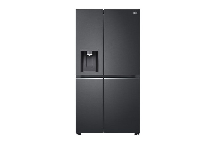 Vy framifrån av 635L Side by Side (Matte Black), Is- & vattendispenser, Energiklass D, Vatten/is utan röranslutning, Smart Diagnosis™ med Wi-Fi, GSLV91MCAD