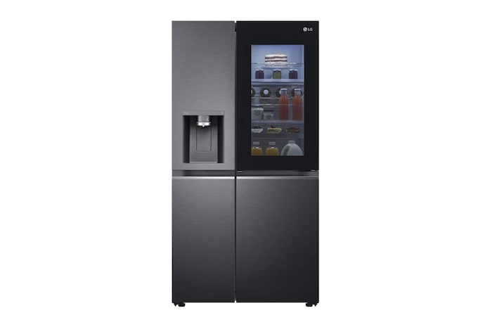 Vy framifrån av 635L InstaView Door in Door™ Side by Side (Matte Black Steel), Energiklass E, Vatten/is via röranslutning, Smart Diagnosis™ med Wi-Fi, GSXV90MCAE