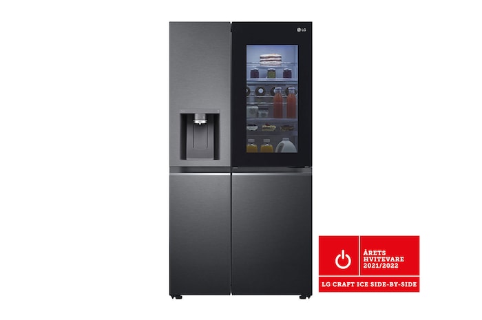 Vy framifrån av 635L InstaView Door in Door™ Side by Side (Matte Black) - Craft Ice, Energiklass E, Vatten/is med röranslutning, Smart Diagnosis™ med Wi-Fii, GSXV90MCDE