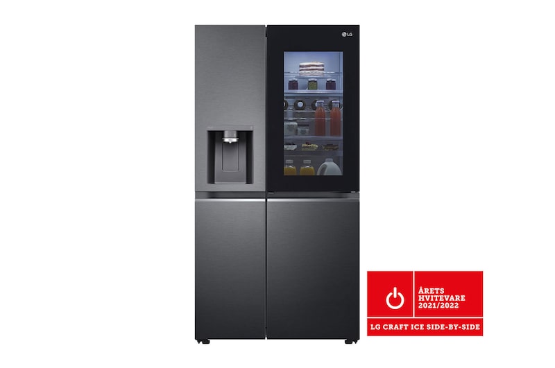 Vy framifrån av 635L InstaView Door in Door™ Side by Side (Matte Black) - Craft Ice, Energiklass E, Vatten/is med röranslutning, Smart Diagnosis™ med Wi-Fii, GSXV90MCDE