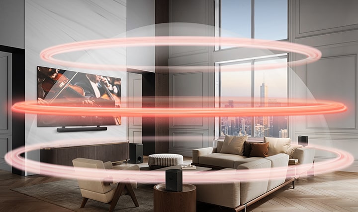 Bilden visar LG Soundbar och LG TV i en storslagen stadslägenhet. Tre röda band dyker upp ett i taget som föreställer virtuella lager. De går samman för att skapa en hel ljudkupol.