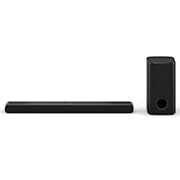 Vinklad vy från ovan av LG Soundbar S77TY och subwoofer