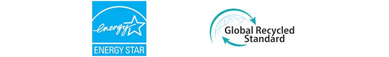 Från vänster visas i tur och ordning: ENERGY STAR (logo), Global Recycled Standard (logo)