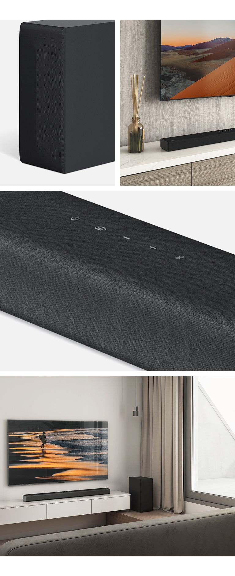 Från vänster, en bild av bakre högtalaren, närbild på LG TV som visar ett berg på skärmen och LG Soundbar undertill. På högra sidan, medurs uppifrån och ned: närbild på LG Soundbar. LG TV som visar en strand i solnedgång, och LG Soundbar, bakre högtalare står i ett vardagsrum.
