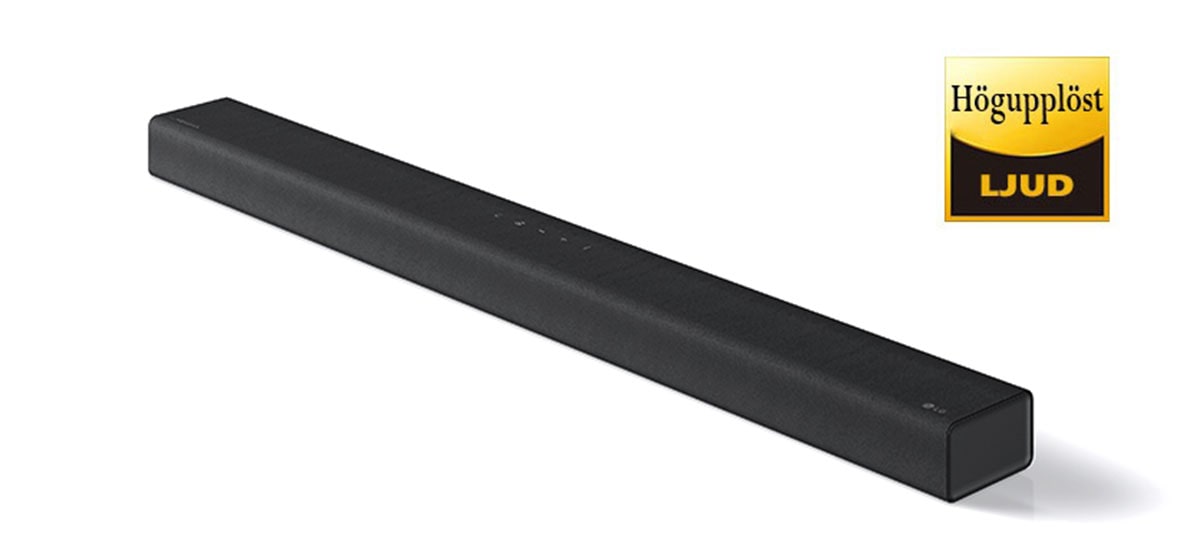 Helbild av högra sidan av en LG Soundbar med en LG-logotyp i det nedre högra hörnet på en produkt.