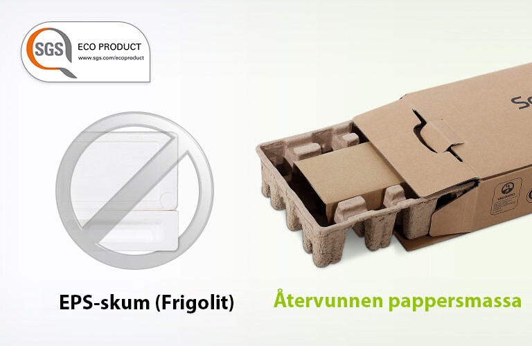 Det är en SGS ECO PRODUCT logotyp i övre vänstra hörnet. Till vänster är en grå förbudsmarkering över en bild som visar frigolit, och till höger är en bild av en förpackningslåda.