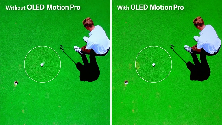 En bild av en golfspelare som slår en golfboll mot hålet och en närbild av en suddig golfboll visas till vänster med texten &quot;Utan Motion Pro&quot; uppe till vänster i bild. En bild av en golfspelare som slår en golfboll mot hålet och en närbild av en tydligare golfboll visas till höger med texten &quot;Med OLED Motion Pro&quot; uppe till vänster i bild.