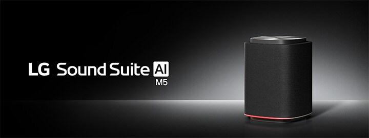 Trådlös LG Sound Suite M5-högtalare med svart texturerad design och rött ljus för uppslukande surroundljudsystem