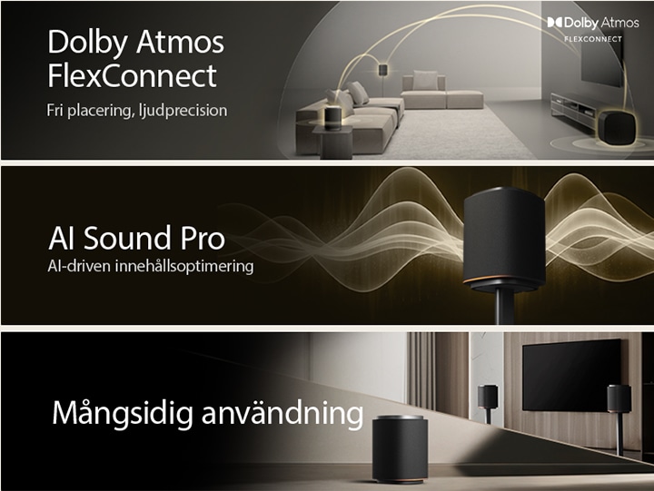1) LG Sound Suite med Dolby Atmos FlexConnect-teknik upptäcker varje högtalares plats för att optimera surroundljudsystem 2) LG Sound Suite-högtalare som avger gyllene ljudvågor och illustrerar AI Sound Pro för ett optimerat hemmaljudsystem 3) LG Sound Suite-högtalare ordnade med en TV för att framhäva mångsidig användning för ljudsystem