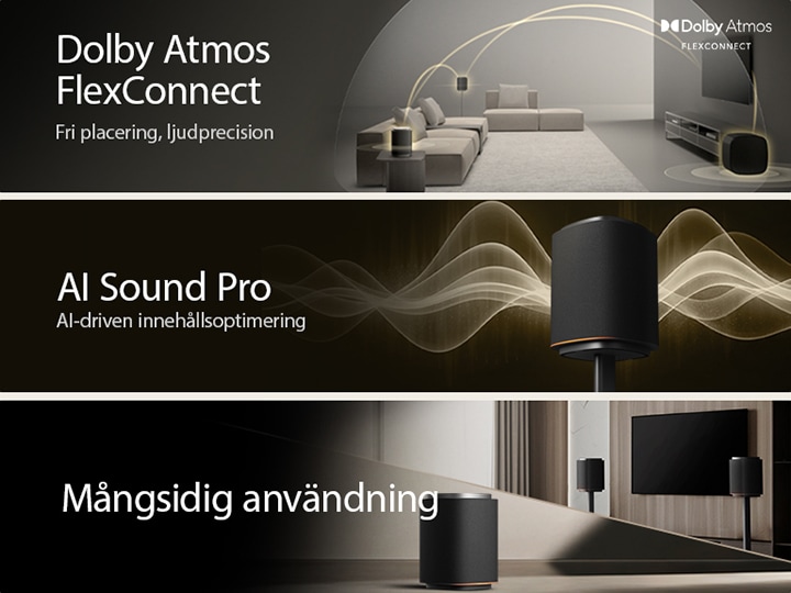 1) LG Sound Suite med Dolby Atmos FlexConnect-teknik upptäcker varje högtalares plats för att optimera surroundljudsystem 2) LG Sound Suite-högtalare som avger gyllene ljudvågor och illustrerar AI Sound Pro för ett optimerat hemmaljudsystem 3) LG Sound Suite-högtalare ordnade med en TV för att framhäva mångsidig användning för ljudsystem